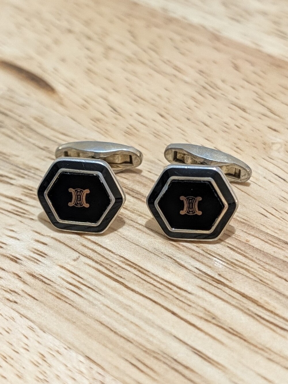 Vintage Celine Silver Tone Cufflinks Black Enamel Hexagon Logo